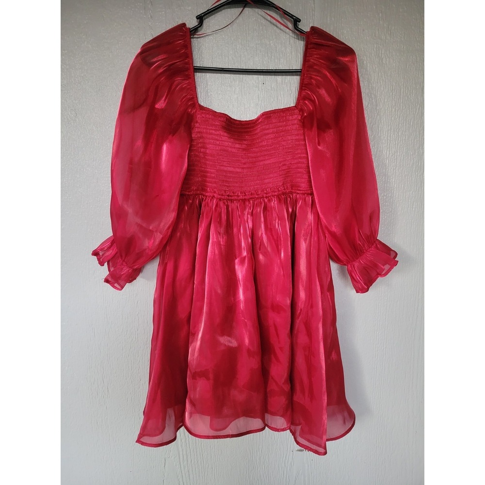 Red Babydoll Minidress Sheer Puff Sleeves Ruffled Cuffs Square Neckline Medium - Picture 2 of 10